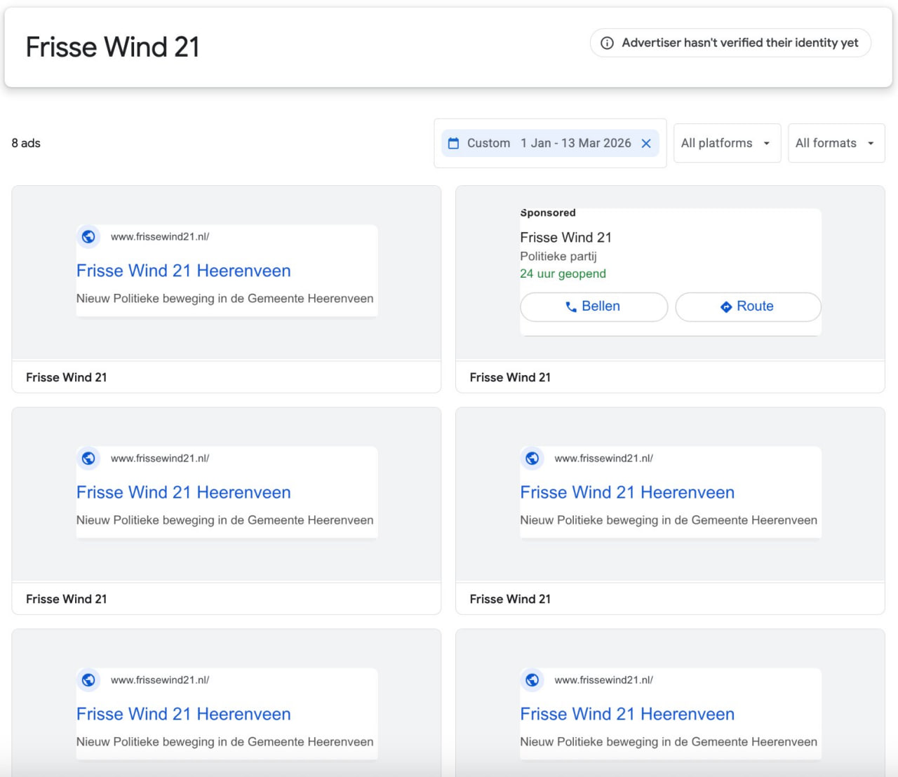 Frisse Wind 21 ads in Google's Ads Transparency Center