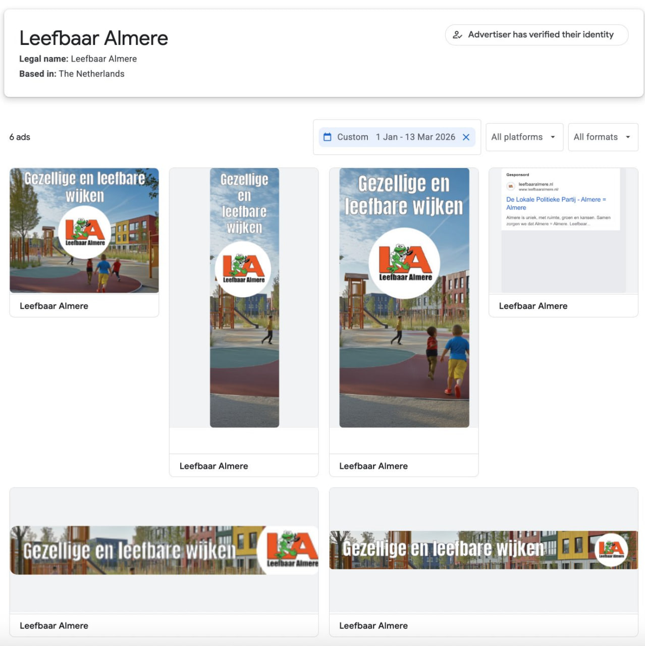 Leefbaar Almere ads in Google's Ads Transparency Center
