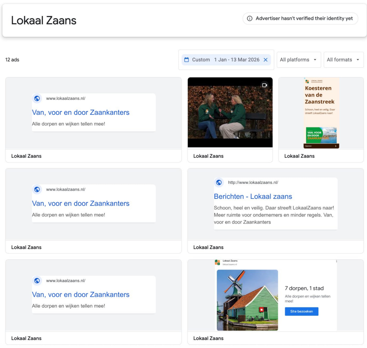 Lokaal Zaans ads in Google's Ads Transparency Center
